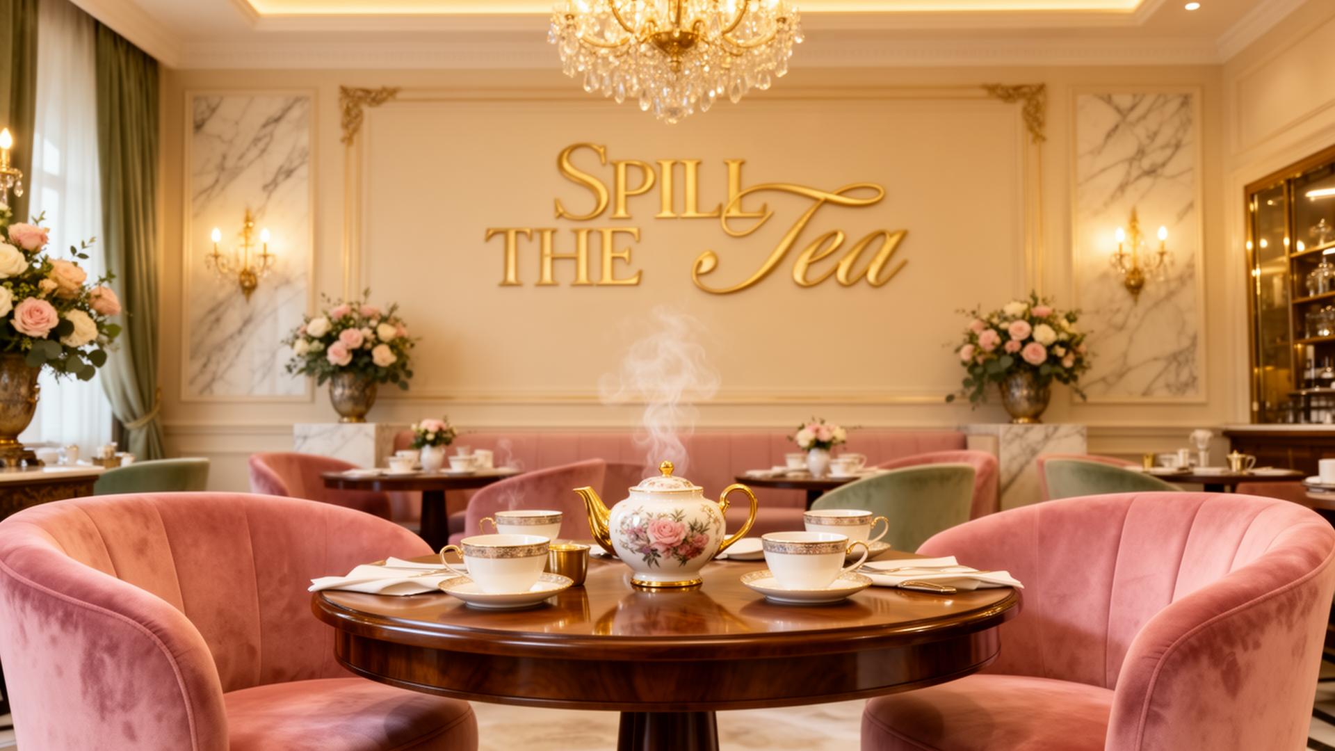 Spill the Tea premium room preview — elegant virtual tea gathering space with warm amber and gold decor